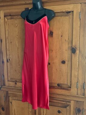 Vintage 80s tomato red satin maxi slip dress Sz Sm Sweet!!